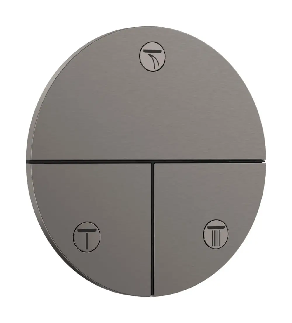 Rundes Wandventil von Hansgrohe mit drei Bedienfeldern, jedes mit unterschiedlichen Symbolen zur Auswahl von Funktionen, in gebürstetem Schwarz-Chrom-Finish.